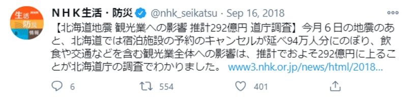 北海道の地震による宿泊キャンセルに関するTwitter投稿