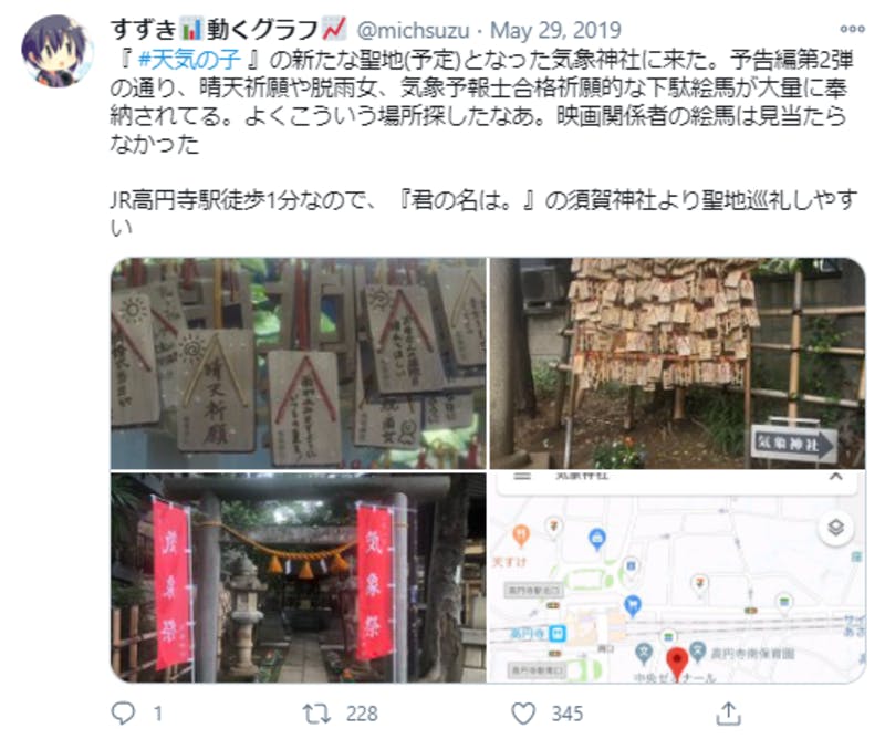 『天気の子』の聖地巡礼をした人のTwitter投稿