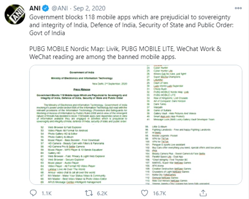 インドにおける中国製アプリ規制に関するTwitter投稿