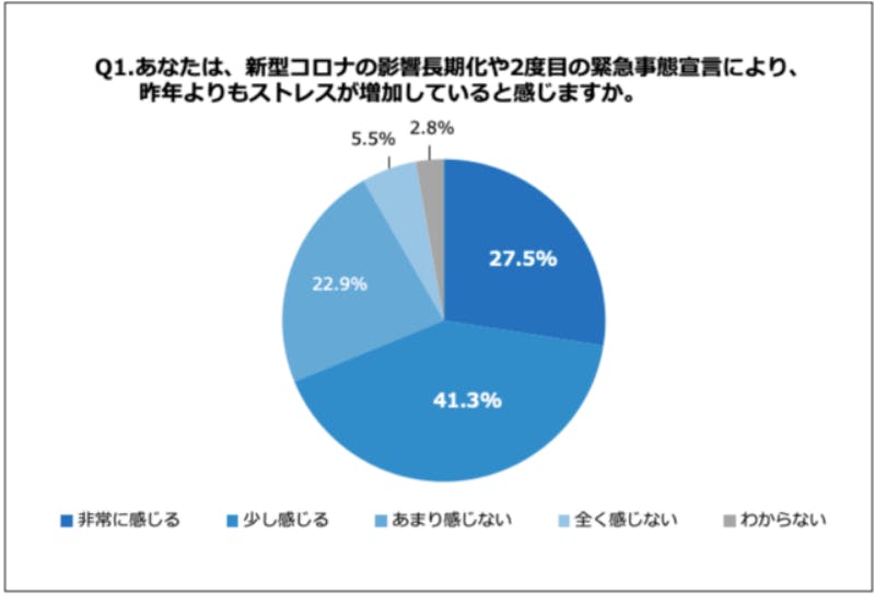 「昨年よりもストレスが増加しているか」という質問に対する回答内訳グラフ