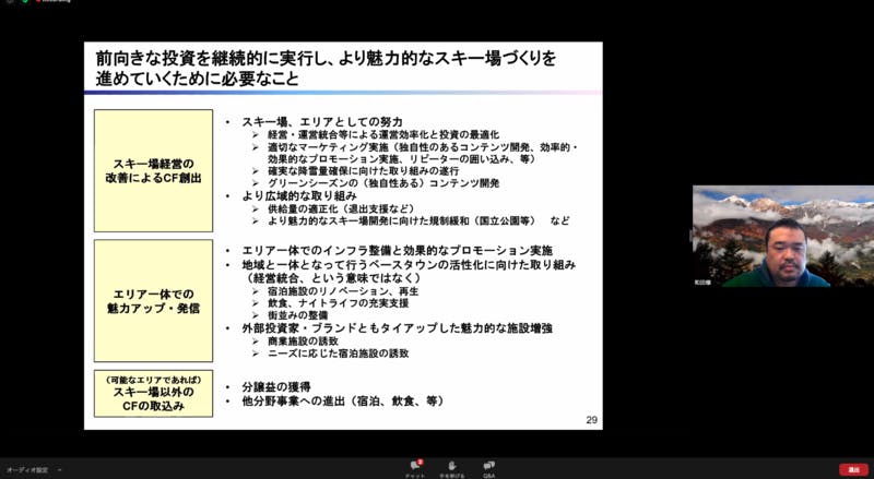 和田氏による魅力的なスキー場づくりに向けての説明を行うスクリーンショット