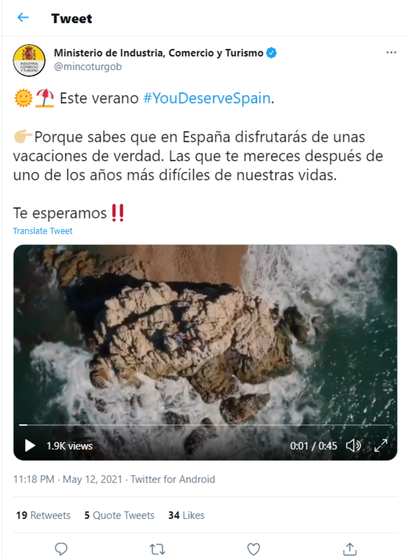 ▲「You Deserve Spain」についての投稿:Ministerio de Industria, Comercio y TurismoのTwitterより編集部スクリーンショット 「You Deserve Spain」についてのTwitter投稿