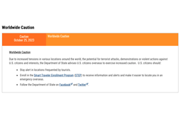 米国務省、海外に滞在・渡航する米国市民にテロや暴力行為への警戒を呼びかけ