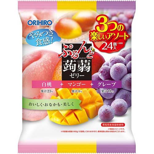 ぷるんと蒟蒻ゼリー パウチ 大袋 白桃+マンゴー+グレープ(20g*24個入)