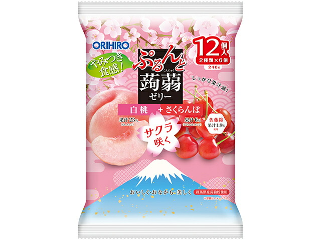 オリヒロプランデュ さくら咲く ぷるんと蒟蒻ゼリー 白桃+さくらんぼ 12個