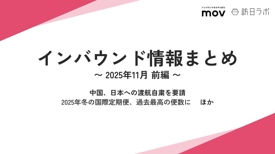 中国、日本への渡航自粛を要請 / 2025年冬の国際定期便、過去最高の便数に ほか：インバウンド情報まとめ【2025年11月前編】