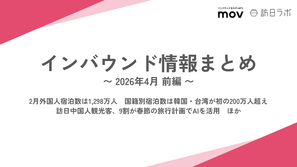 2月外国人宿泊数は1,298万人　国籍別宿泊数は韓国・台湾が初の200万人超え / 訪日中国人観光客、9割が春節の旅行計画でAIを活用　ほか：インバウンド情報まとめ 【2026年4月前編】