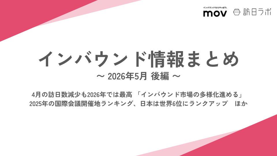 4月の訪日数減少も2026年では最高 「インバウンド市場の多様化進める」 / 2025年の国際会議開催地ランキング、日本は世界6位にランクアップ　ほか：インバウンド情報まとめ 【2026年5月後編】